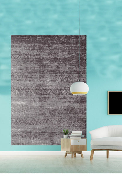 Halı Vagonu 2020 Gri Ve Siyah Tonunda Etnik Desenli Kaymaz Taban Dekoratif Halı