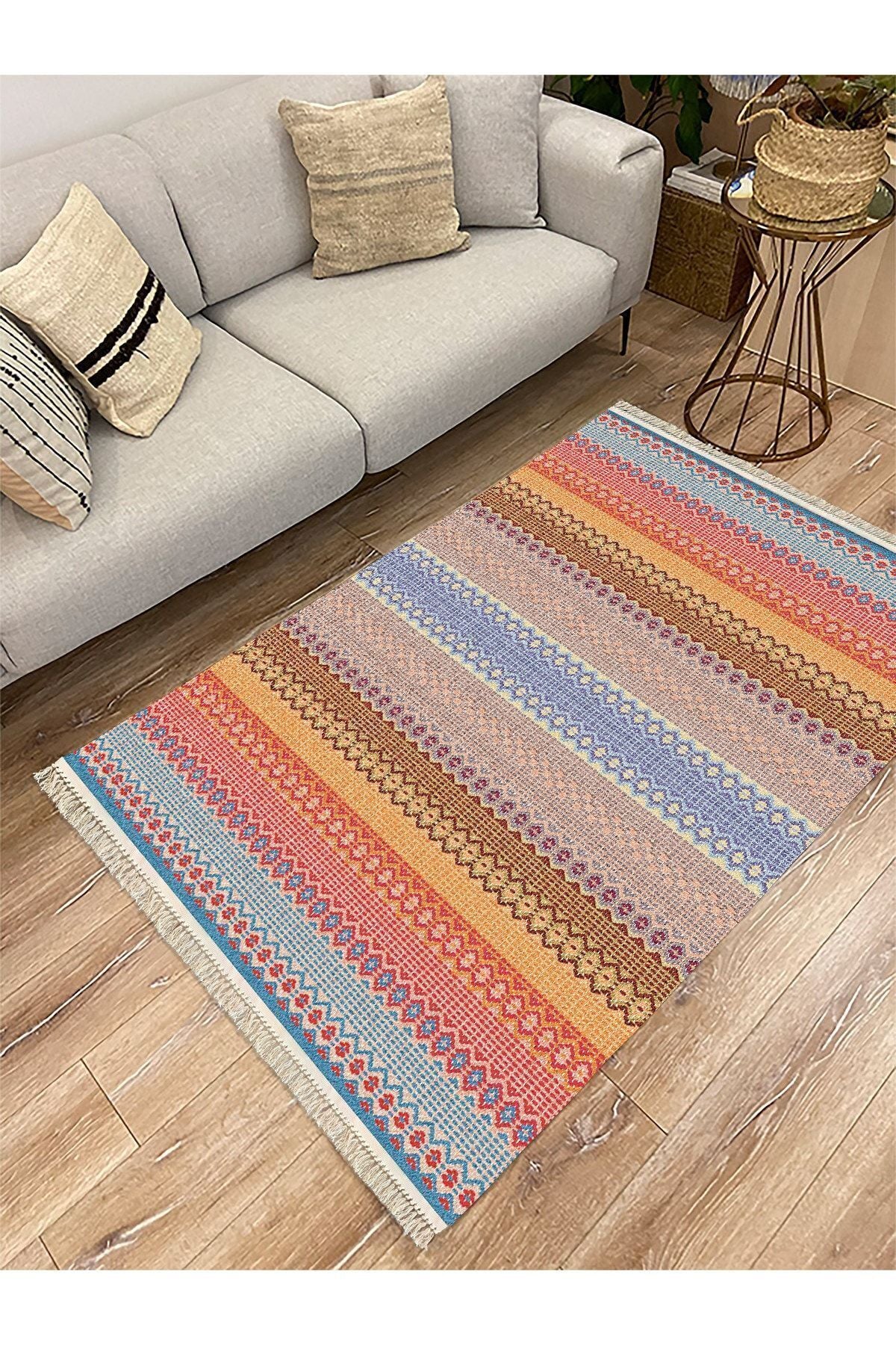 Cotton Serisi Hasır Görünümlü Multy Tonlarında Modern Desen Dekoratif Dokuma Taban Kilim