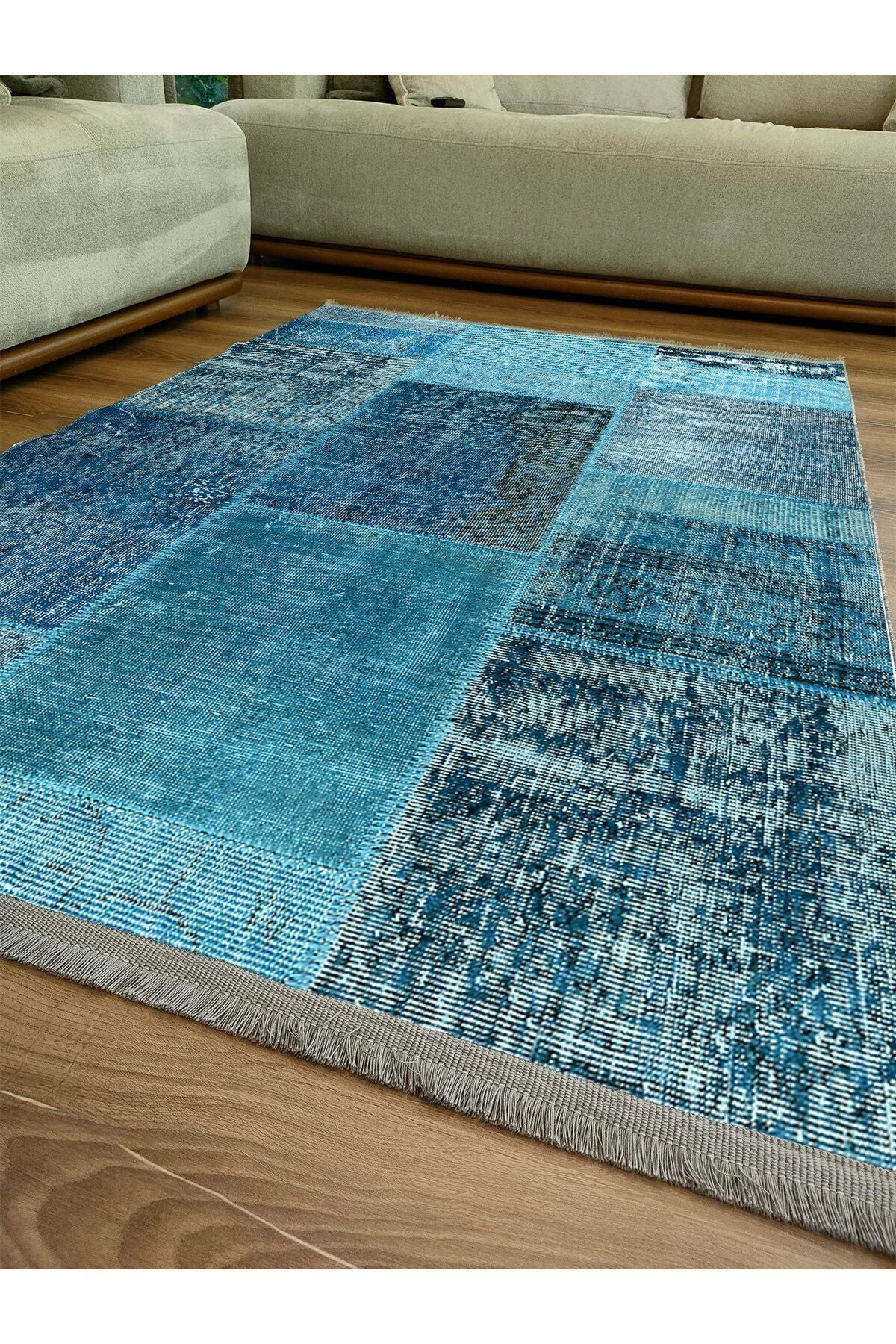 Halı Vagonu Halı 2090 Mavi Tonunda Dekoratif Halı Salon Halısı Saçaklı Yıkanabilen Halı