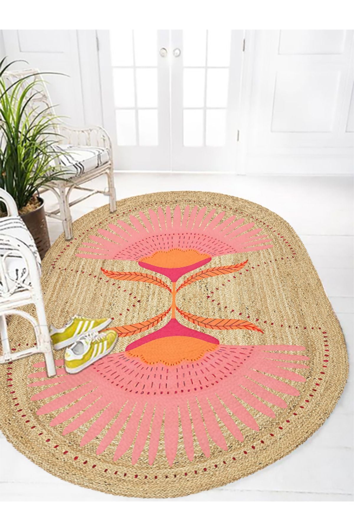 Boho 989 Jüt Hasır Etnik Desenli Oval Jüt Örme Doğal Hasır Natural Oval Halı