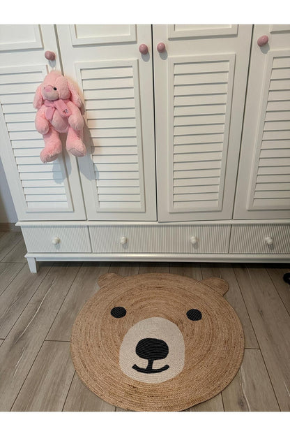 Boho 958 Sevimli Ayıcık Örgü Taban Yuvarlak Natural Çift Taraflı Çocuk ve Bebek Odası Halı