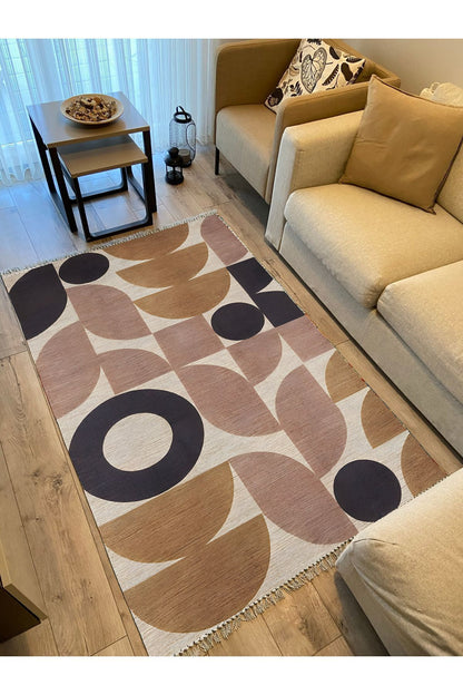 Cotton 68 Pudra Camel Ve Siyah Pastel Geometrik Desenli Dokuma Kilim