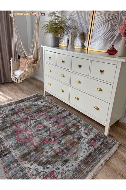 Halı Vagonu84 Etnik Desenli Yıkanabilir Kaymaz Tabanlı Salon Halısı, Koridor Ve Mutfak Halısı