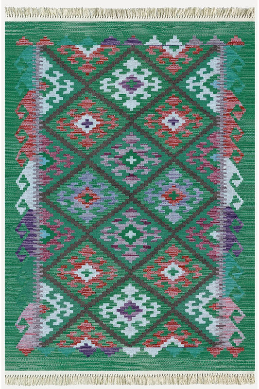 Cotton Kilim 62 Yeşil Geleneksel Motifler Modern Dekoratif Saçaklı Yıkanabilen Dokuma Kilim