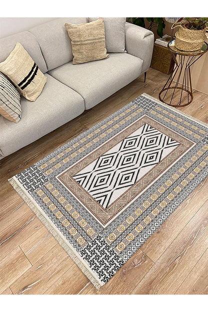 Cotton Serisi Yunan Motifli Eskitme Antik Otantik Desen Dekoratif Dokuma Taban Kilim