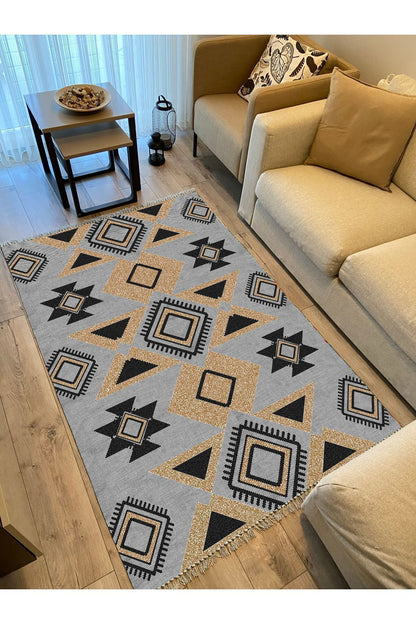 Cotton Kilim 49 Gri Zeminli Geneleksel Motifler Modern Dekoratif Yıkanabilen Dokuma Kilim