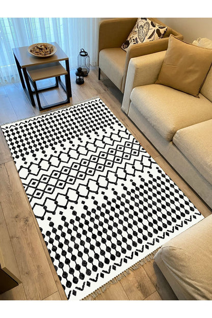 Cotton Kilim 65 Siyah Iskandinav Motifler Modern Dekoratif Saçaklı Yıkanabilen Dokuma Kilim