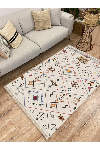 Cotton Serisi Krem Tonlarında Geometrik Desenli Dekoratif Dokuma Taban Kilim