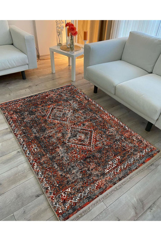 Mars 2157 Bordo Tonlarında Klasik Eskitme Desen Saçaklı Dekoratif Halı
