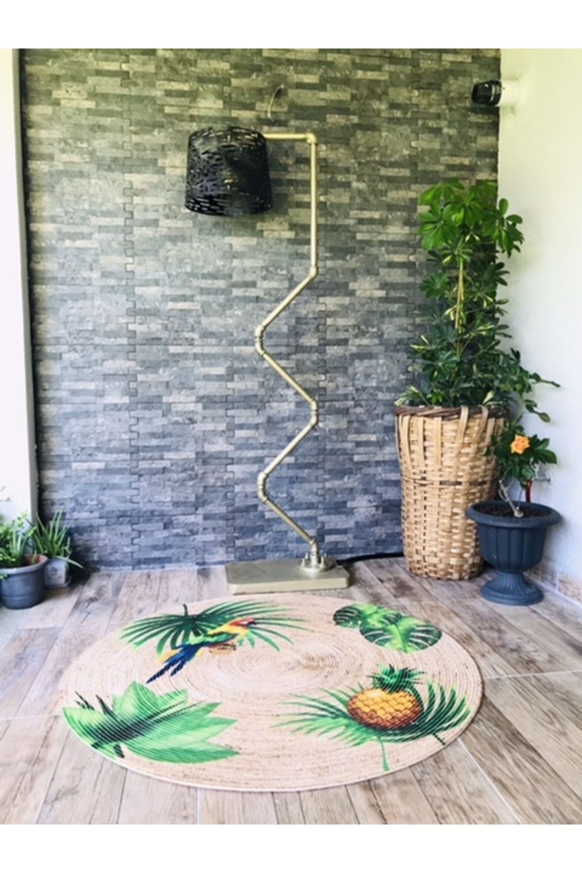 Halı Vagonu Papağan Tropikal Yuvarlak Jüt Örme Hasır Halı/Kilim HV-JH-08