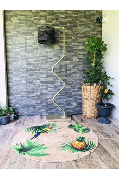 Halı Vagonu Papağan Tropikal Yuvarlak Jüt Örme Hasır Halı/Kilim HV-JH-08