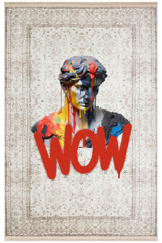 Halı Vagonu 172 Bej Vintage Wow Yazılı Heykel Art Modern Dokuma Taban Halı