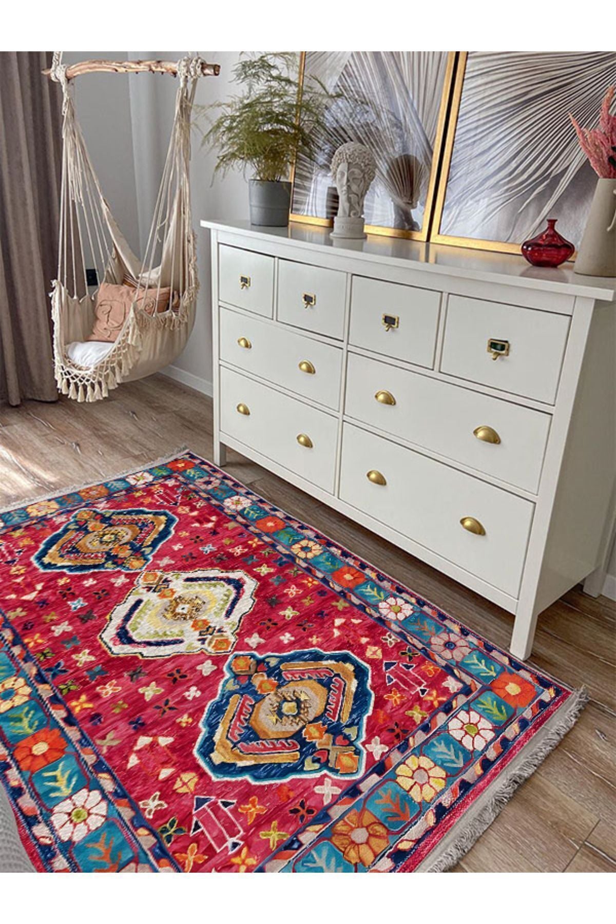 Halı Vagonu111 Etnik Anadolu Halısı Dekoratif Salon Halısı Saçaklı Yıkanabilen Halı