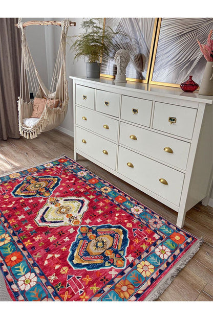 Halı Vagonu111 Etnik Anadolu Halısı Dekoratif Salon Halısı Saçaklı Yıkanabilen Halı