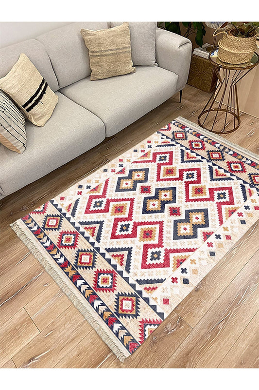 Cotton Serisi Multy Tonlarında Geometrik Hasır Görünümlü Otantik Dekoratif Dokuma Taban Kilim