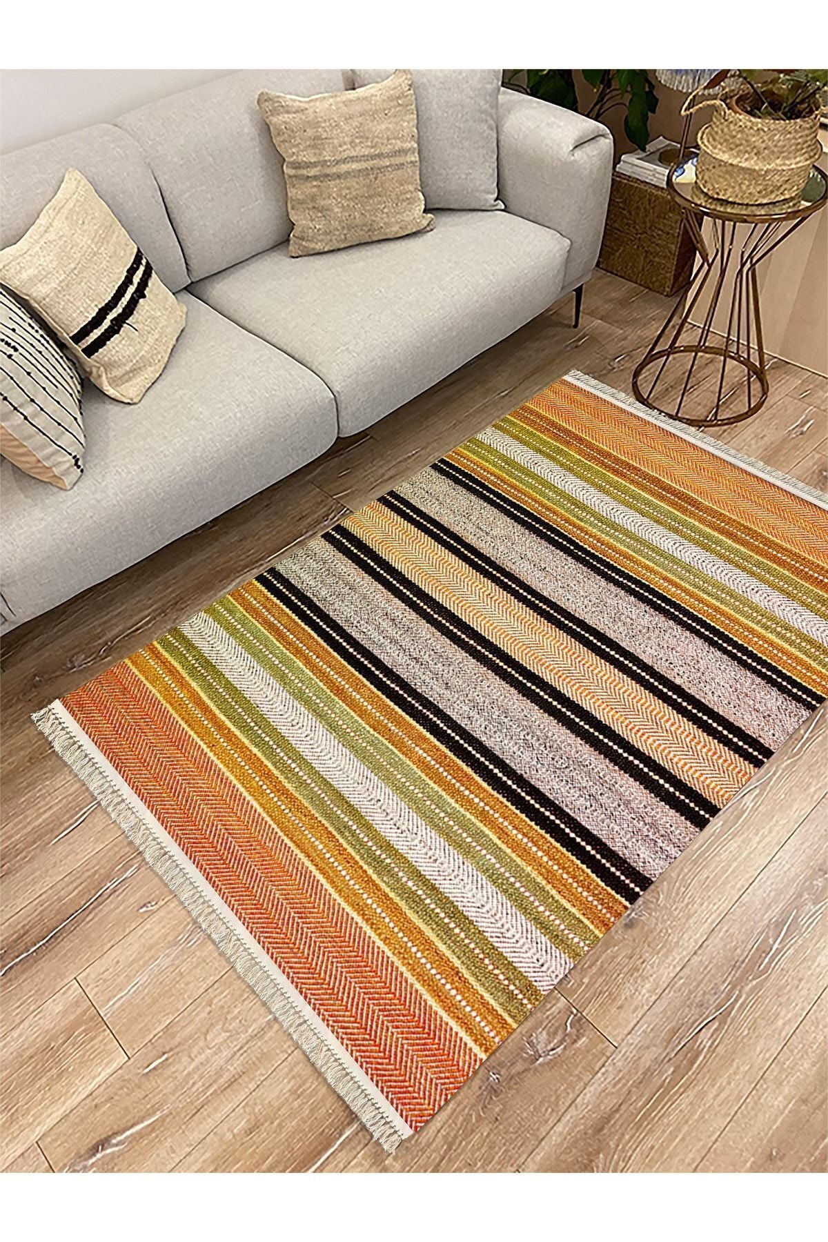 Cotton Serisi Hasır Görünümlü Yeşil Ve Hardal Tonlarında Etnik Desenli Dekoratif Dokuma Taban Kilim