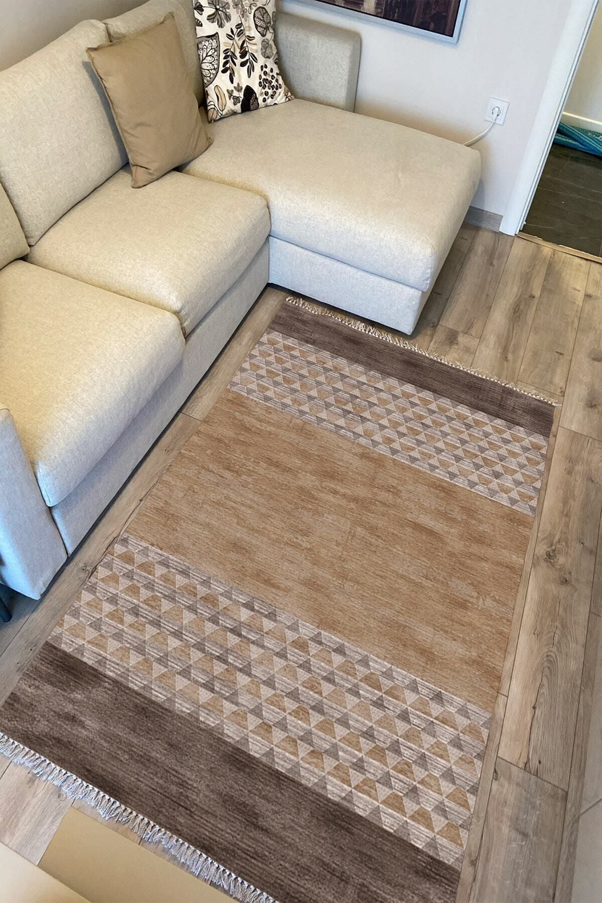 Cotton Serisi Kahve Tonlarında Baklava Eskitme Otantik Desenli Dekoratif Dokuma Taban Kilim