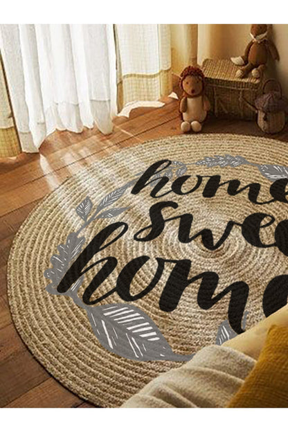 Boho 973 Home Sweet Home Temalı Etnik Desenli Yuvarlak Jüt Örme Doğal Hasır Kilim Daire Halı