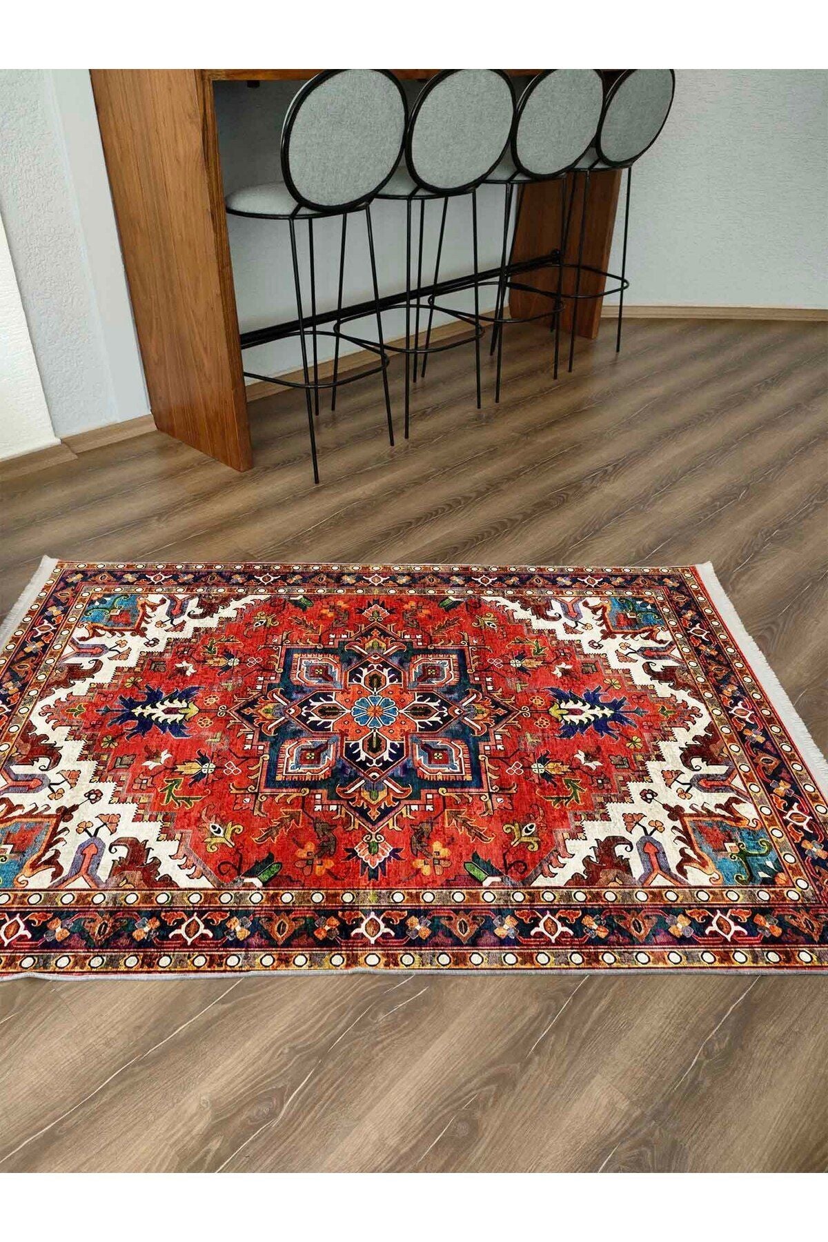 Halı Vagonu Kırmızı Tonlarında Etnik Eskitme Pamuk  Dokuma Taban Halı 2253