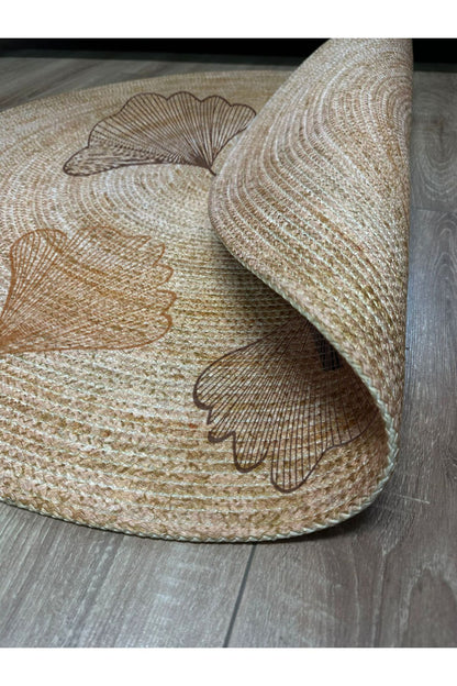 Boho 907 Floral Desenli Örgü Yuvarlak Natural Çift Taraflı Halı detaylı görünümü, jüt ipliklerden üretilmiş, doğal dokusu ile şık bir iç mekan dekorasyonu için ideal.