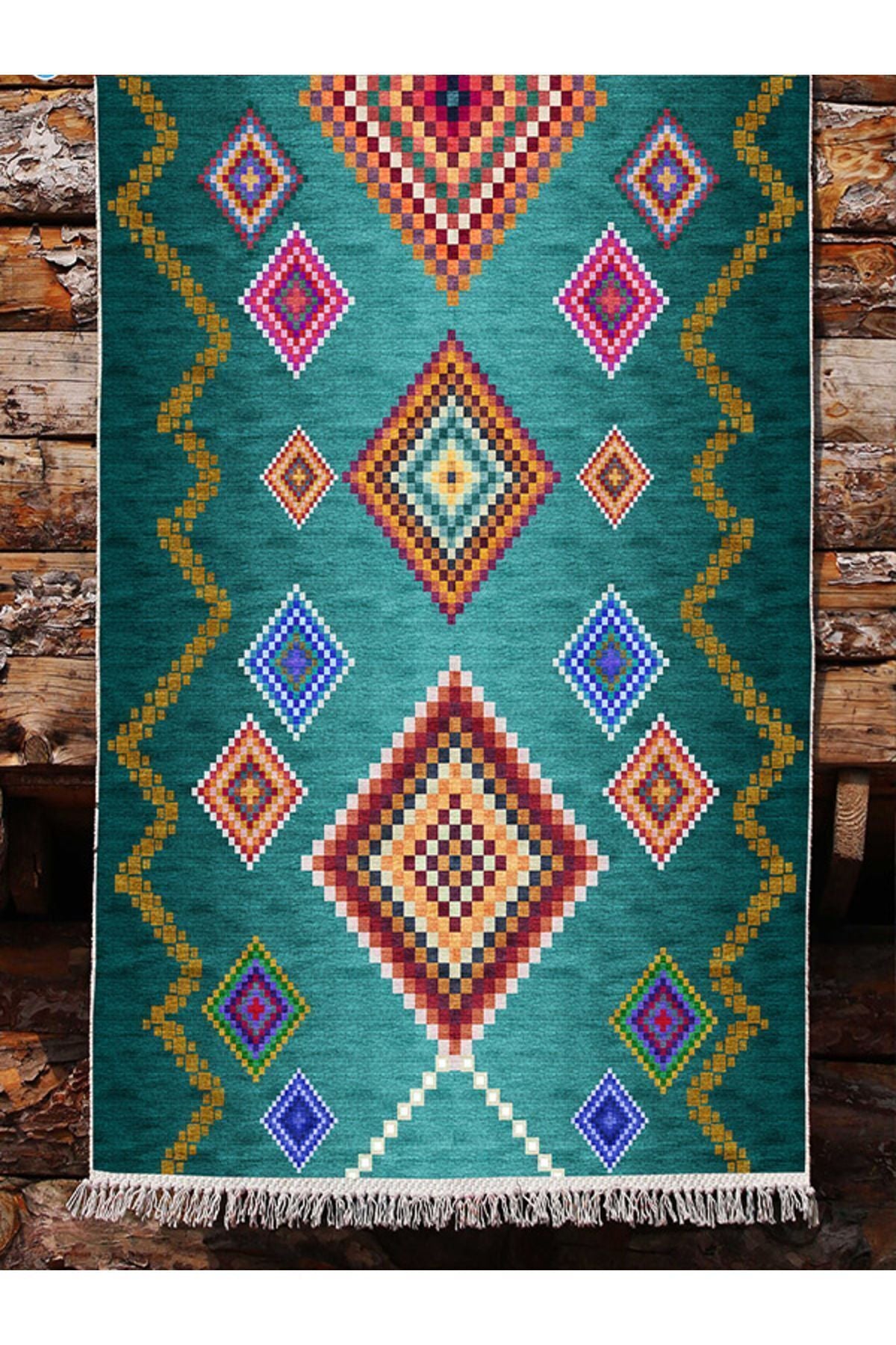 COTTON KİLİM 3669 Yeşil Tonlarında İskandinav Desenli Dekoratif Kilim
