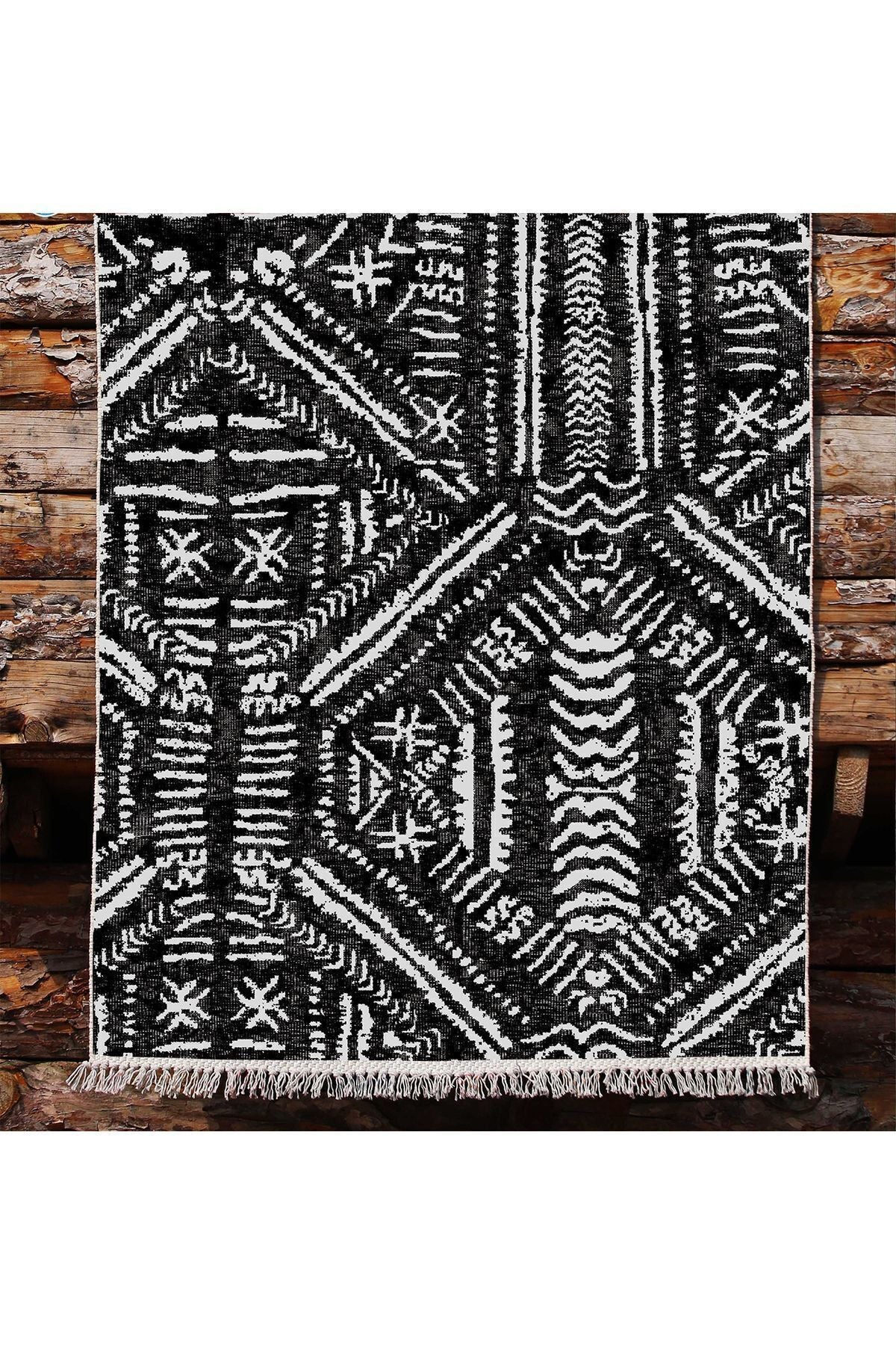 Cotton Kilim46 Siyah Zeminli Geneleksel Motifler Modern Dekoratif Yıkanabilen Dokuma Kilim