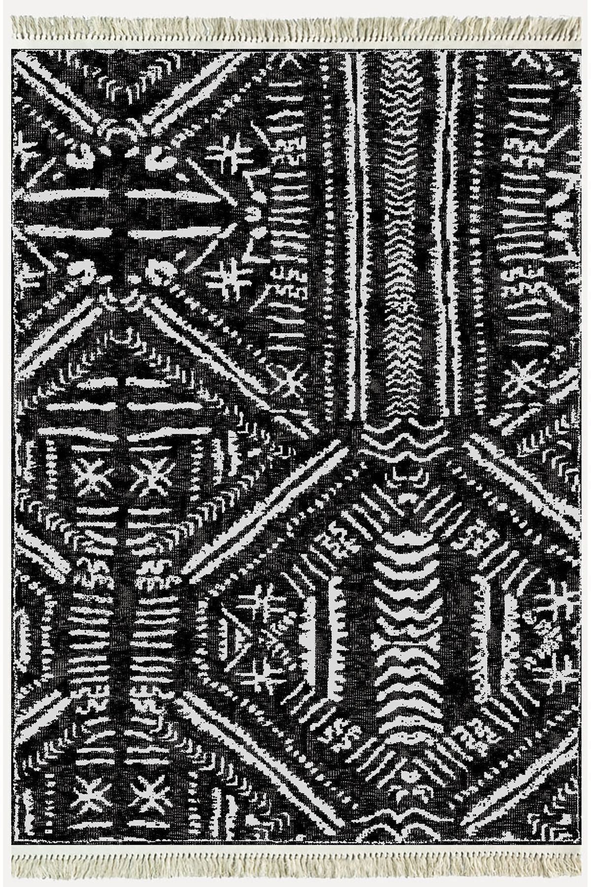 Cotton Kilim46 Siyah Zeminli Geneleksel Motifler Modern Dekoratif Yıkanabilen Dokuma Kilim