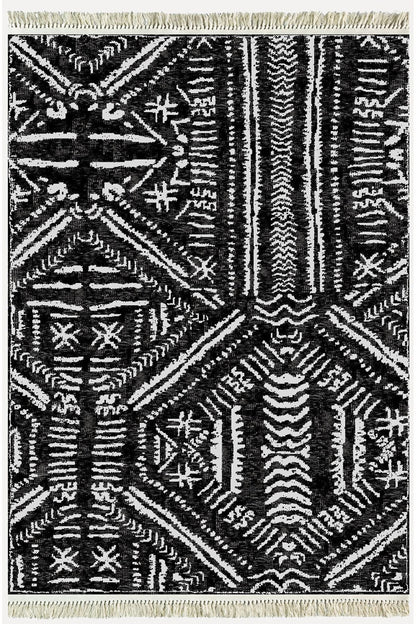 Cotton Kilim46 Siyah Zeminli Geneleksel Motifler Modern Dekoratif Yıkanabilen Dokuma Kilim