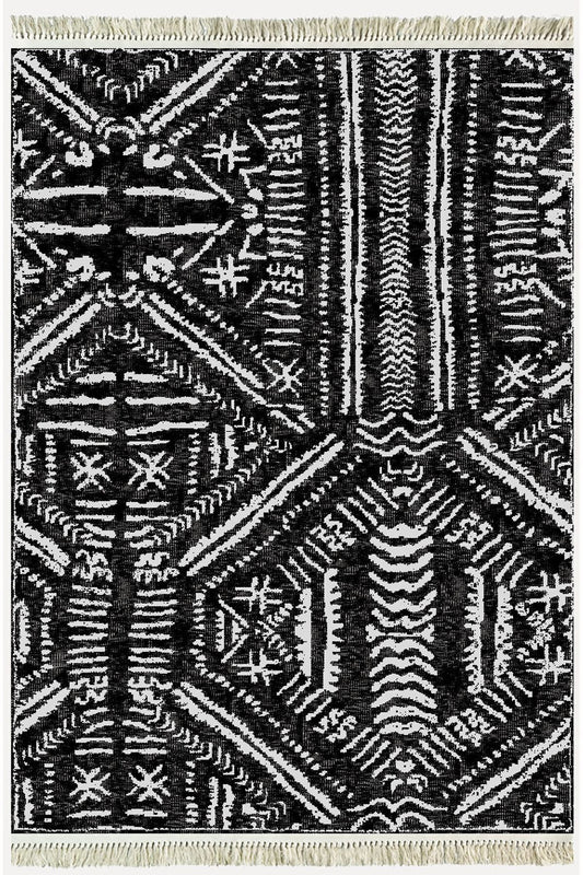 Cotton Kilim46 Siyah Zeminli Geneleksel Motifler Modern Dekoratif Yıkanabilen Dokuma Kilim