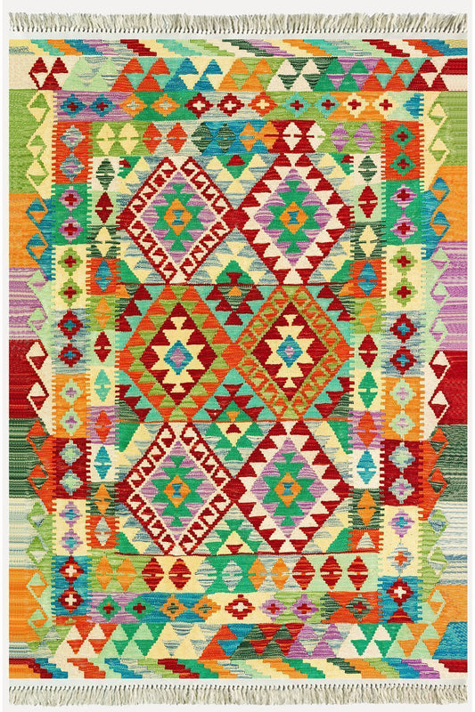 Cotton Kilim 64 Yeşil Geleneksel Motifler Modern Dekoratif Saçaklı Yıkanabilen Dokuma Kilim