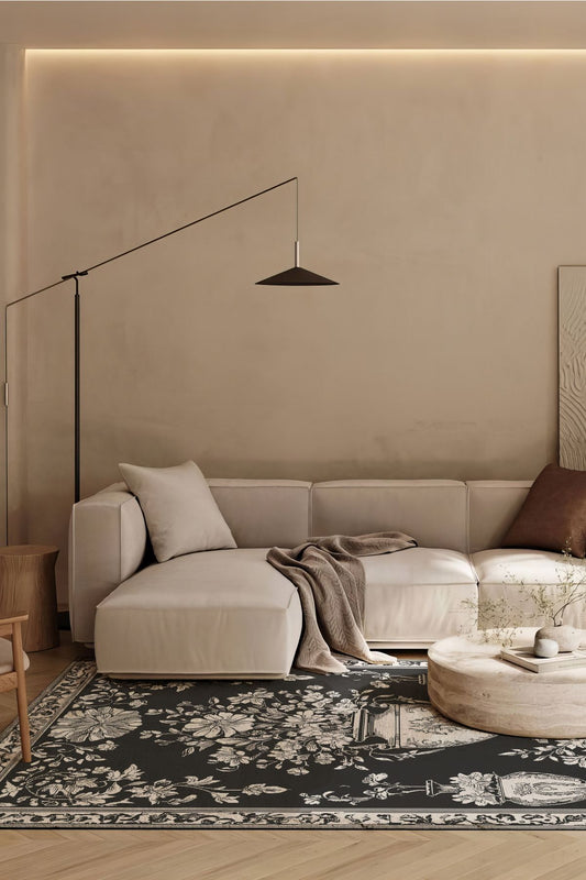 Siyah Beyaz Çiçekli Vintage Tema Salon Halısı Mutfak Halısı Yolluk Otantik Halı Halı Vagonu 226 - HALI VAGONU