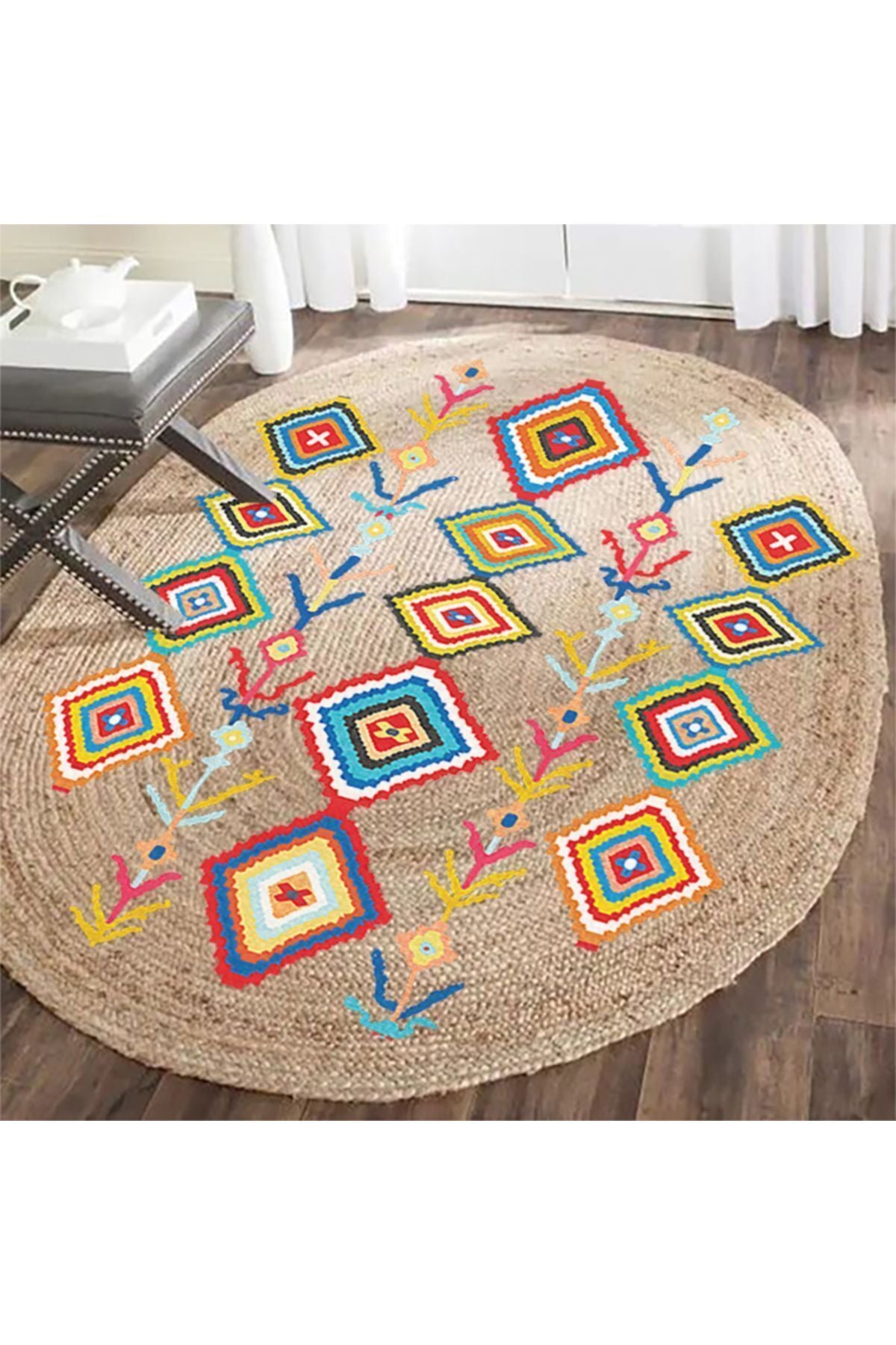 Boho 976 Jüt Hasır Etnik Desenli Oval Jüt Örme Doğal Hasır Natural Oval Halı