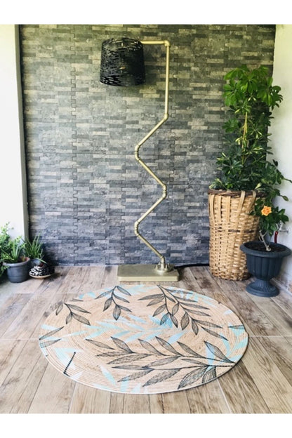 Halı Vagonu Tropikal Yapraklar Yuvarlak Jüt Örme Hasır Halı/Kilim HV-JH-09
