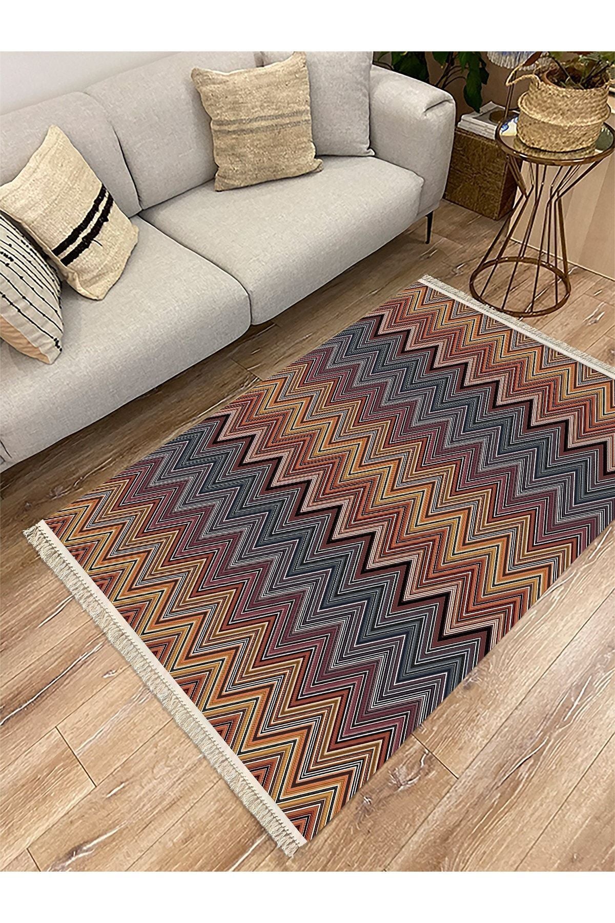 Cotton Serisi Multy Tonlarında Zikzak Eskitme Modern Desen Dekoratif Dokuma Taban Kilim