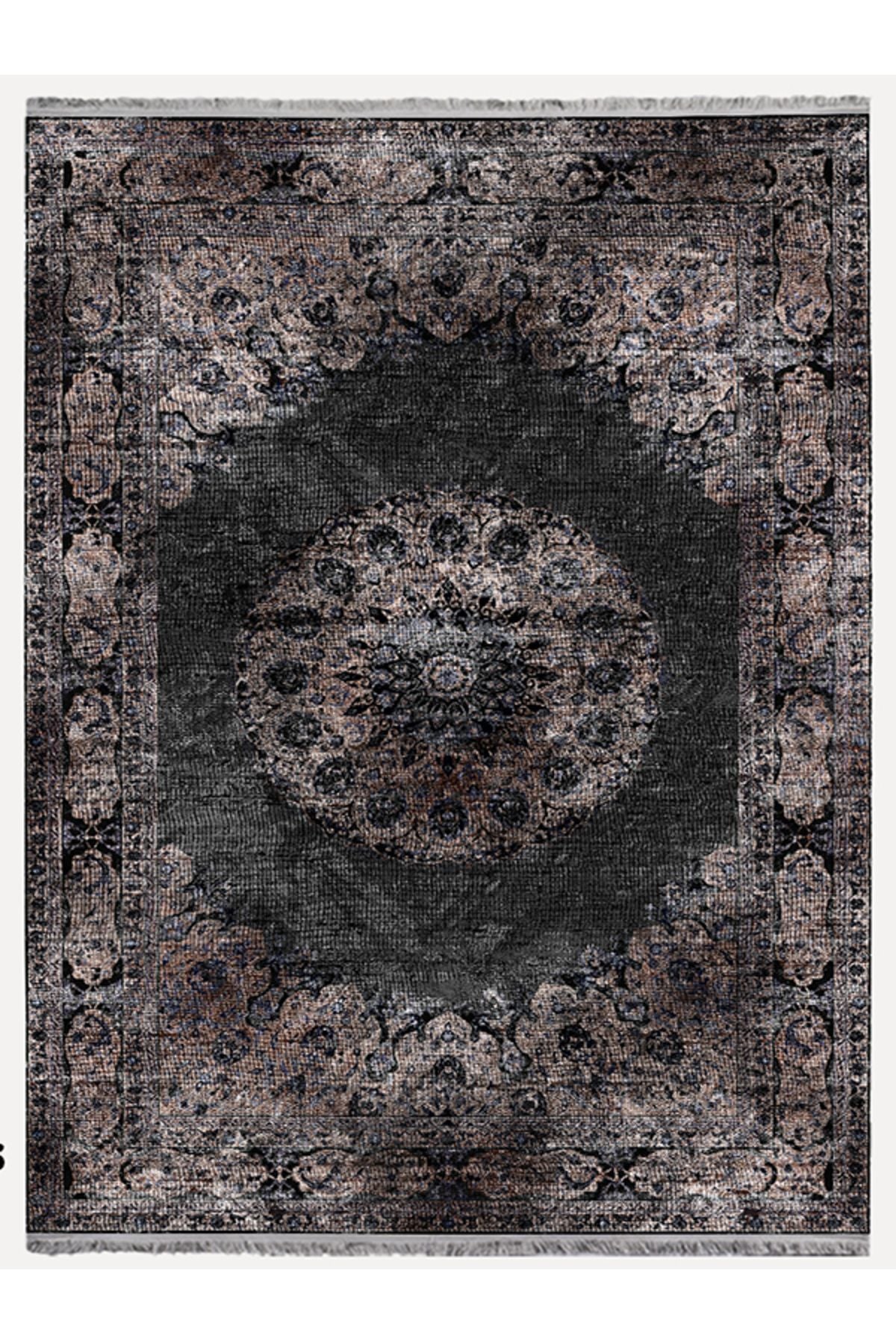 HV  2187 Siyah Ve Kahve Temalı Geleneksel Motifli Etnik Desenli Vintage Yıkanabilen Dekoratif Halı