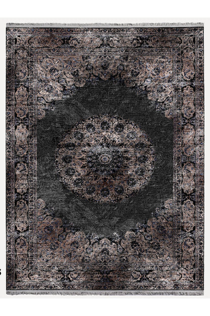 HV  2187 Siyah Ve Kahve Temalı Geleneksel Motifli Etnik Desenli Vintage Yıkanabilen Dekoratif Halı