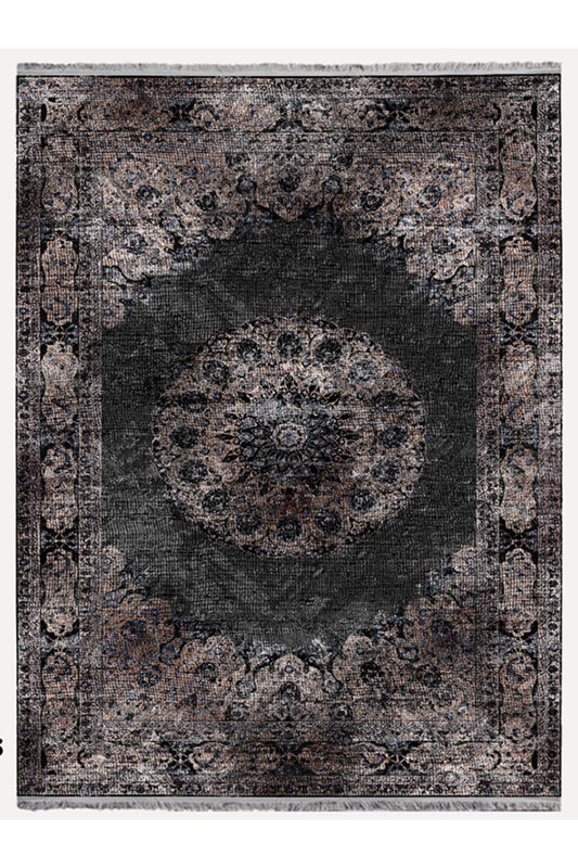 HV  2187 Siyah Ve Kahve Temalı Geleneksel Motifli Etnik Desenli Vintage Yıkanabilen Dekoratif Halı