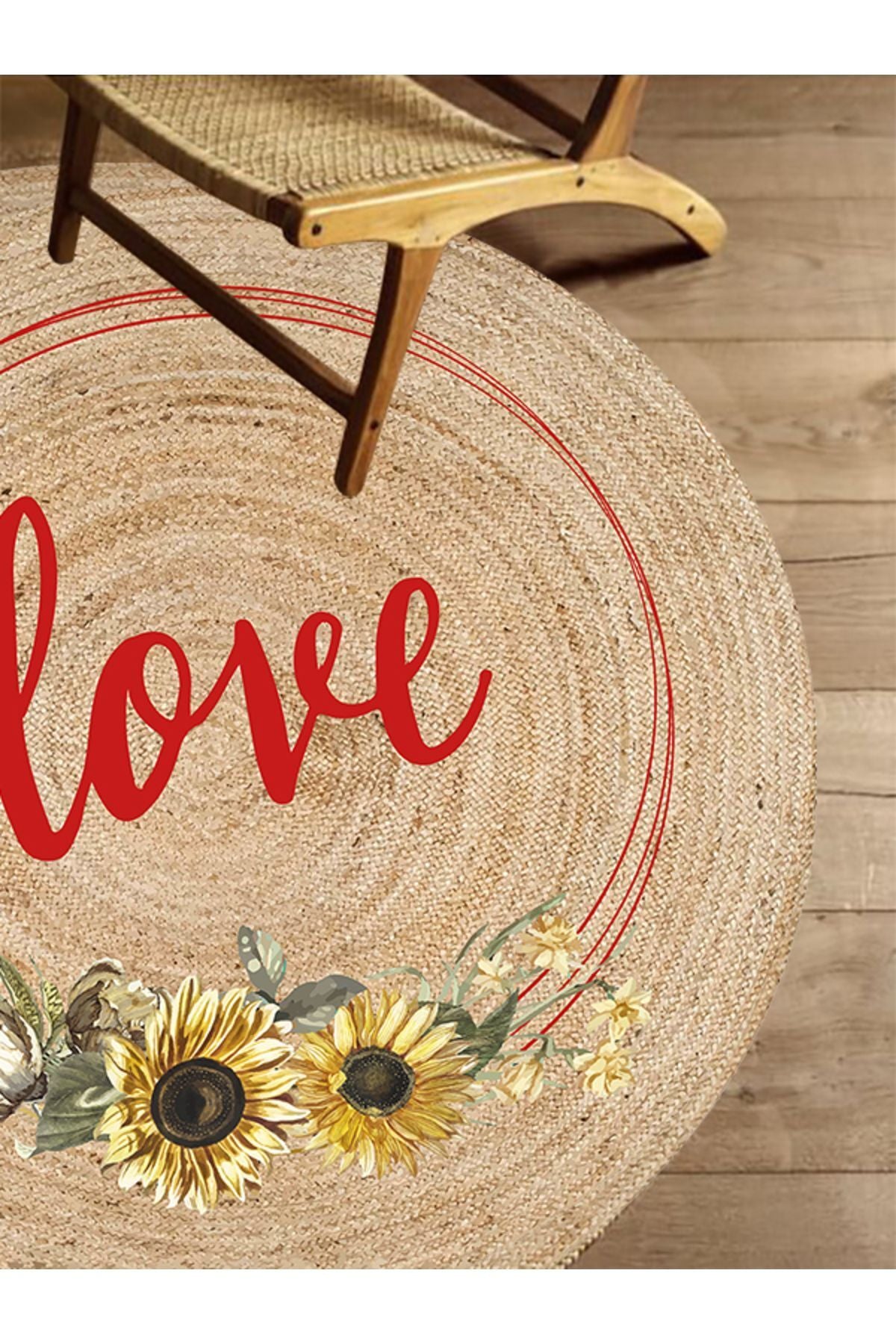 Boho 911 Jüt Doğa İplik İle Üretilmiş Love Desenli Yuvarlak Natural Renk Çift Taraflı Halı kullanım örneği.