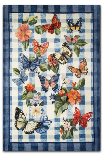 Halı Vagonu 216 Mavi Beyaz Dama Kelebekli Modern Dokuma Taban Dekoratif Halı