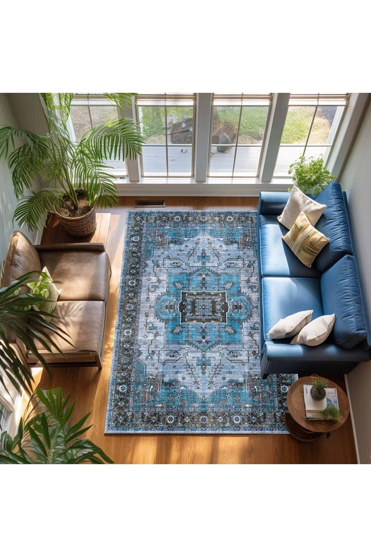 Halı Vagonu 2251 Mavi Bordürlü Modern Yıkanabilen Dokuma Taban Dekoratif Halı