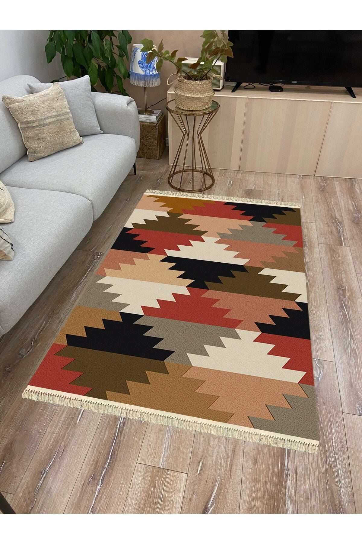 Cotton Serisi Multy Tonlarında Geometrik Baklavalı Desen Dekoratif Dokuma Taban Kilim