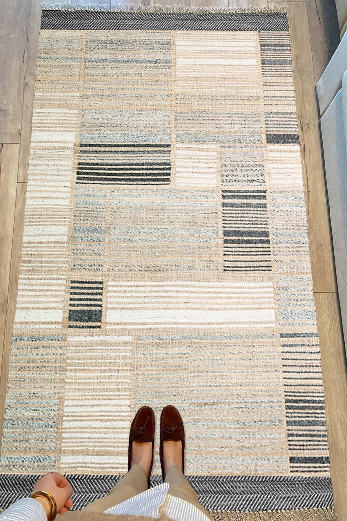 Cotton Serisi Hasır Görümlü Pachwork Eskitme Desenli Dekoratif Dokuma Taban Kilim