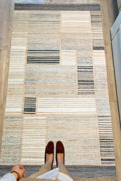Cotton Serisi Hasır Görümlü Pachwork Eskitme Desenli Dekoratif Dokuma Taban Kilim