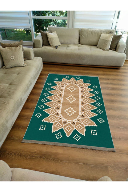 Halı Vagonu106 Yeşil Tonlarında Klasık Dekoratif Salon Halısı Saçaklı Yıkanabilen Halı