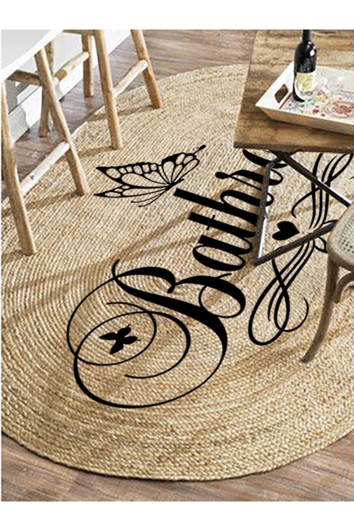 Boho 955 Oval Bathroom Yazılı Desenli Yuvarlak Jüt Örme Doğal Hasır Kilim Daire Halı