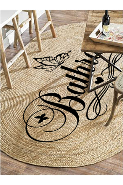 Boho 955 Oval Bathroom Yazılı Desenli Yuvarlak Jüt Örme Doğal Hasır Kilim Daire Halı