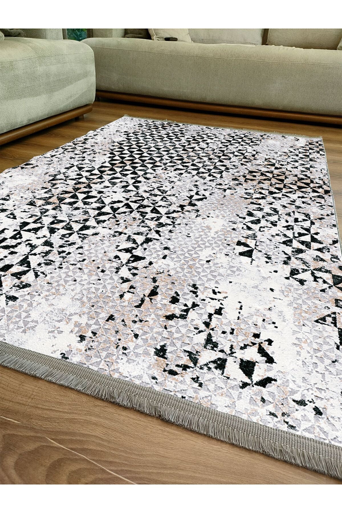 Halı Vagonu 2093 Gri Tonlarında Eskitme Geometrik Desen Kaymaz Taban Dekoratif Halı