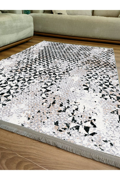 Halı Vagonu 2093 Gri Tonlarında Eskitme Geometrik Desen Kaymaz Taban Dekoratif Halı