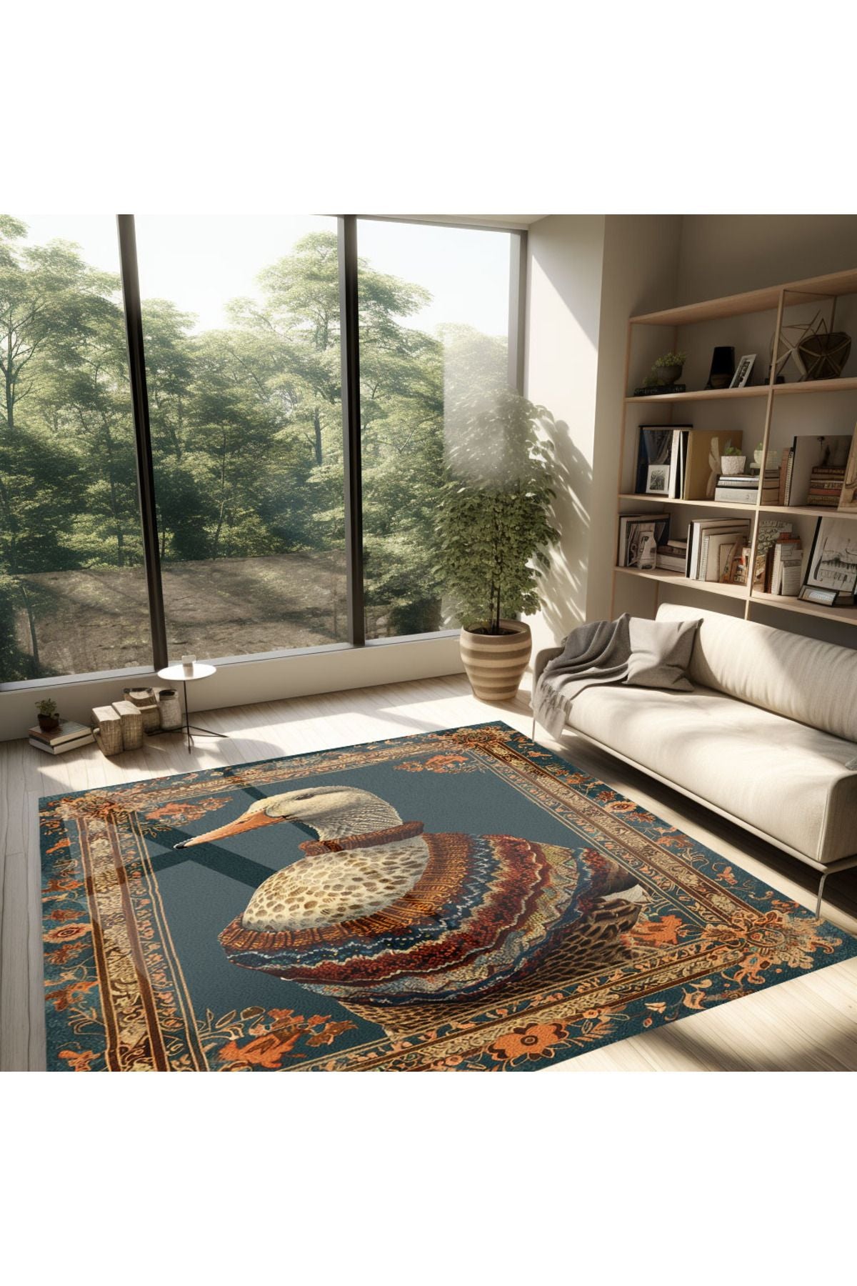 Ördek Temalı Yeşil Tonlarında Pastel Botanik  Dokuma Taban Salon Halısı Çocuk Halısı  HV  256