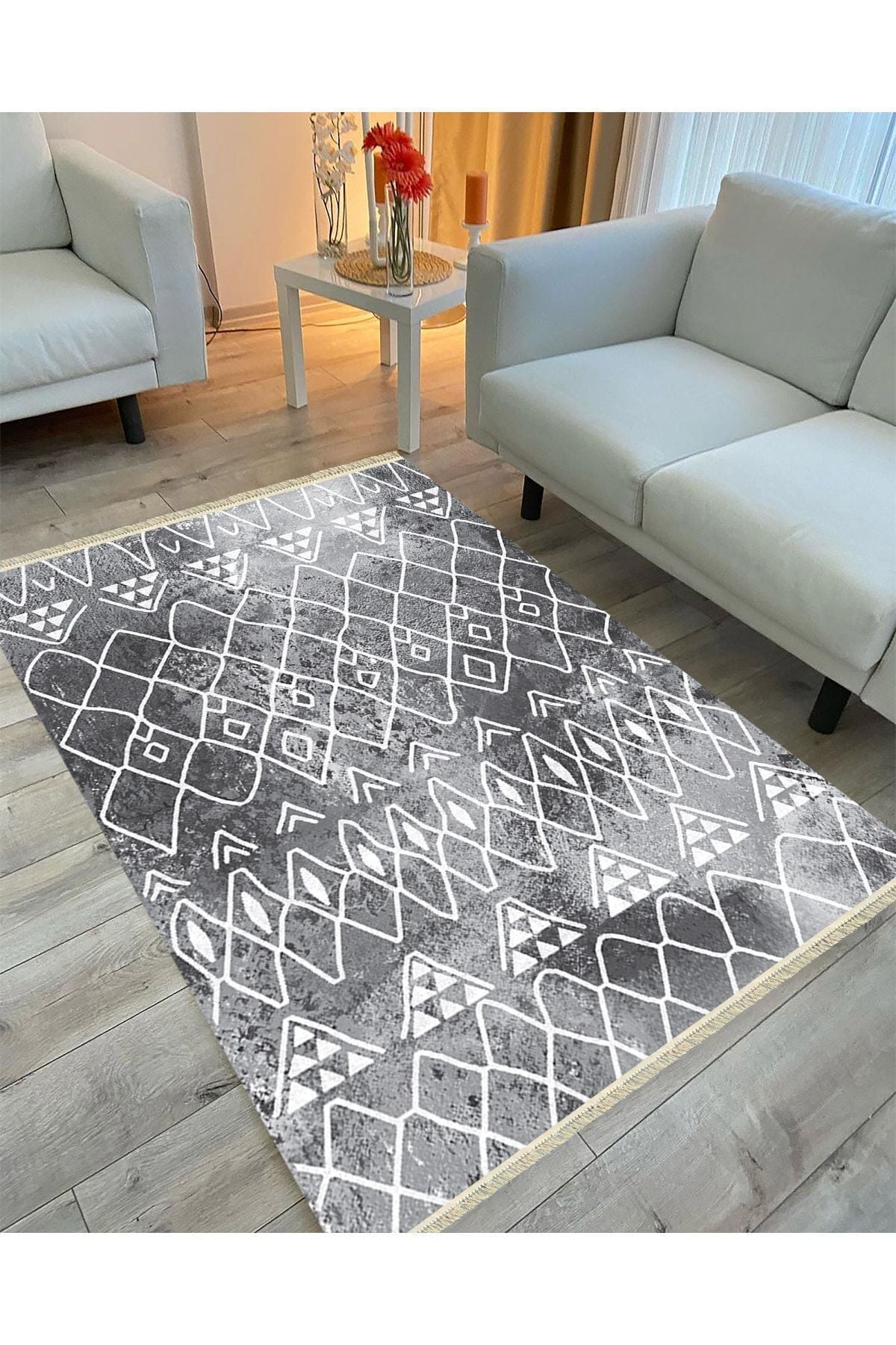 Cotton Serisi Gri Tonlarında Iskandinav Desen Dekoratif Dokuma Taban Kilim